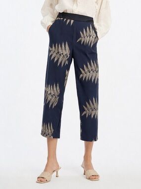 Munthe navy gold embroidered fern leaf pants
